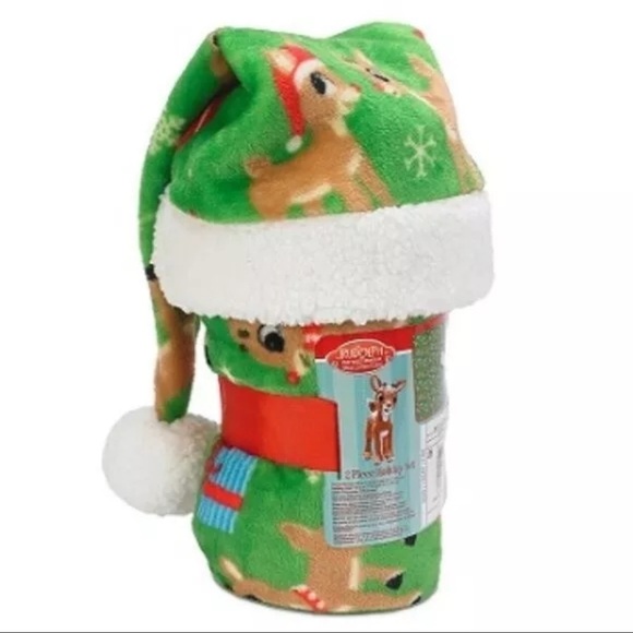 NEW! ONLY 1 LEFT! Rudolph the Red-Nosed Reindeer Santa Hat & CHRISTMAS Throw Set - Picture 1 of 6